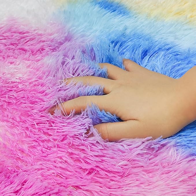 Rainbow Round Rugs 3ft Kids Rugs for Girls Bedroom, Fluffy Princess Shag Carpet Unicorn Rugs Room Decor, Small Circle Area Rugs for Baby Nursery, Toddler Room Decor