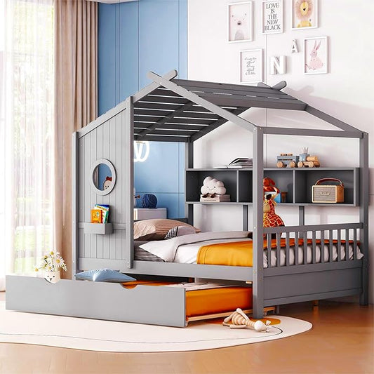 Full Size House Bed with Roof and Window for Kids, Wooden Playhouse Bed with Storage Shelves and Trundle for Bedroom Furniture Girls & Boys (Grey/T2)