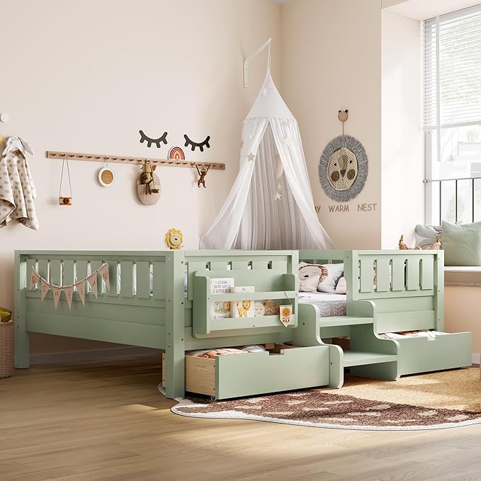 Bellemave Full Size Bed with Slats and Stairs, Full Size Platform Bed Frame with Fence, Bookshelf and Storage Drawers, Easy Assemble Beds for Kids, Girls, Boys, Green