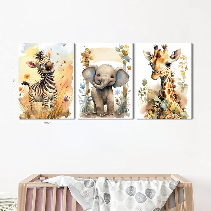 Woodland Animal Wall Art Set of 3, Wild Animals Nursery Picture Wall Decor Canvas, Cute Giraffe Elephant Zebra Watercolor Poster Print Artwork for Boys Girls Room Decoration – 12x16 inch