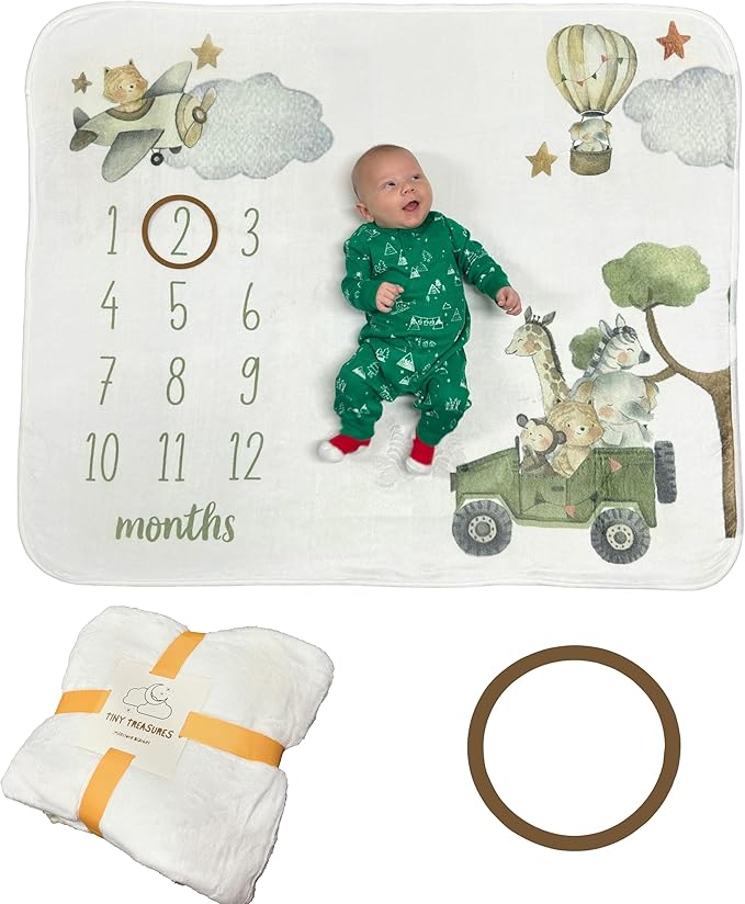 Baby Monthly Milestone Blanket Unisex | Soft Fleece, Safari Design | Newborn Photography Backdrop | Neutral Pastel Colors | 48" x 40