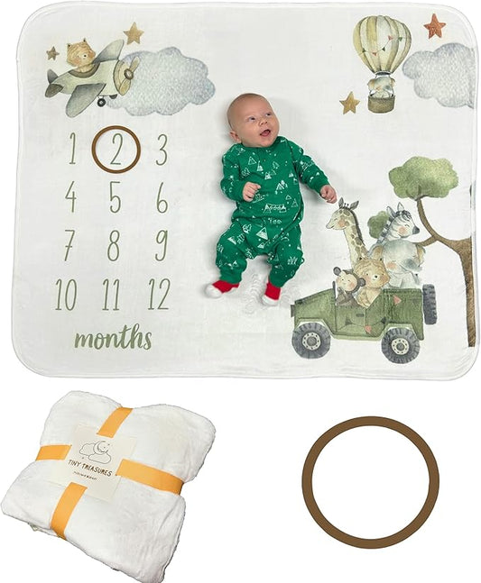 Baby Monthly Milestone Blanket Unisex | Soft Fleece, Safari Design | Newborn Photography Backdrop | Neutral Pastel Colors | 48" x 40