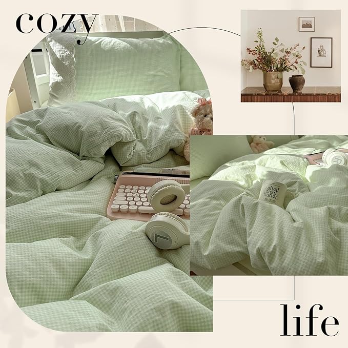 LifeTB Green Gingham Duvet Cover Twin 3 Pieces Romantic Lace Duvet Cover Soft Washed Microfiber Green Grid Plaid Comforter Cover with 2 Pillowcases Farmhouse Checkered Gingham Bedding Set
