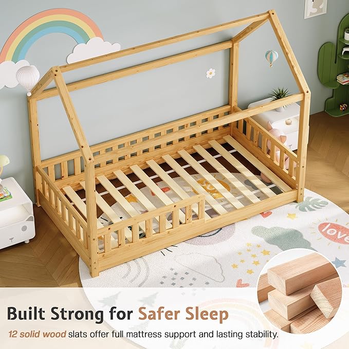 Jocisland Twin Size House Bed for Kids, Montessori Wooden Floor Bed Frame with Guardrails, Removable Rails, Playhouse Roof, Easy Assembly, Toddler Floor Bed for Boys & Girls, Natural Wood