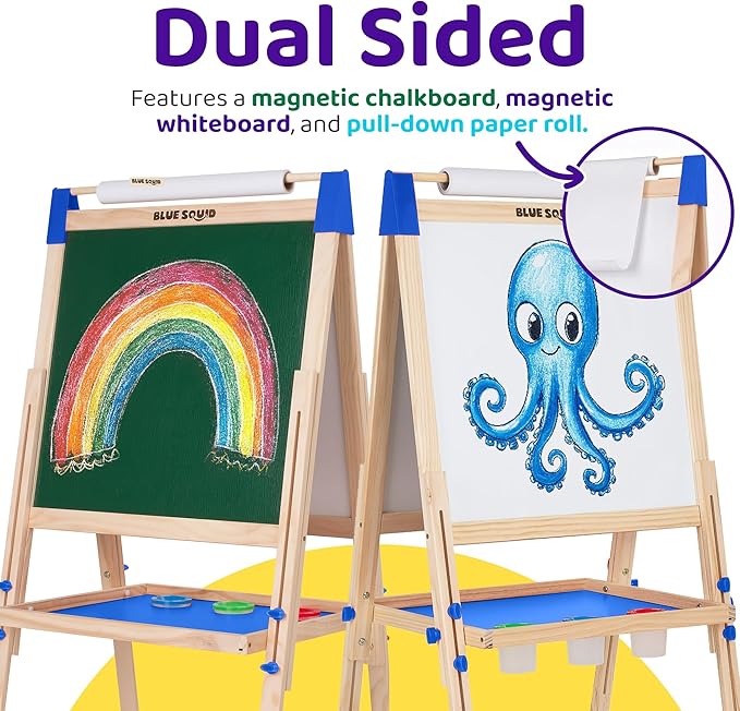 Blue Squid Art Easel for Kids with Paper Roll x 3, Includes 100+ Accessories, Double Sided Adjustable Wooden Painting Easel with Magnetic Chalk Board, White Board for Toddlers Ages 3,4,5,6,7,8,9,10,12
