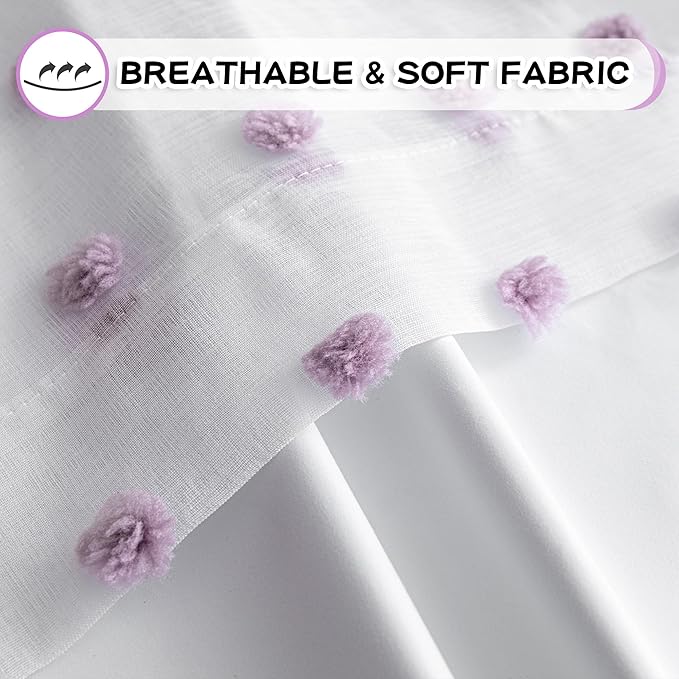 MYSKY HOME 100% Blackout Curtains for Girls Bedroom 63 Inch Long Purple Pom Pom Curtains for Kids Room 2 Panels Room Darkening Kitchen Window Treatment 2 Layered Drapes Toddler Back Tab 52W x 63L