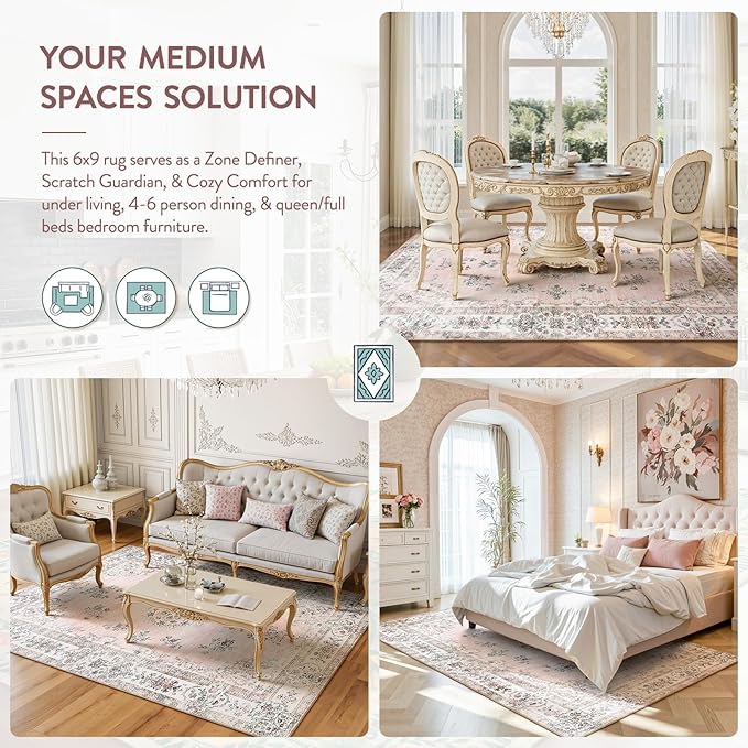 Lahome Washable 6x9 Area Rugs for Living Room, Vintage Floral Pink Large Rug for Nursery Girls Bedroom, Non Slip Lightweight Foldable Carpet for Apartment Dorm Home Office Decor