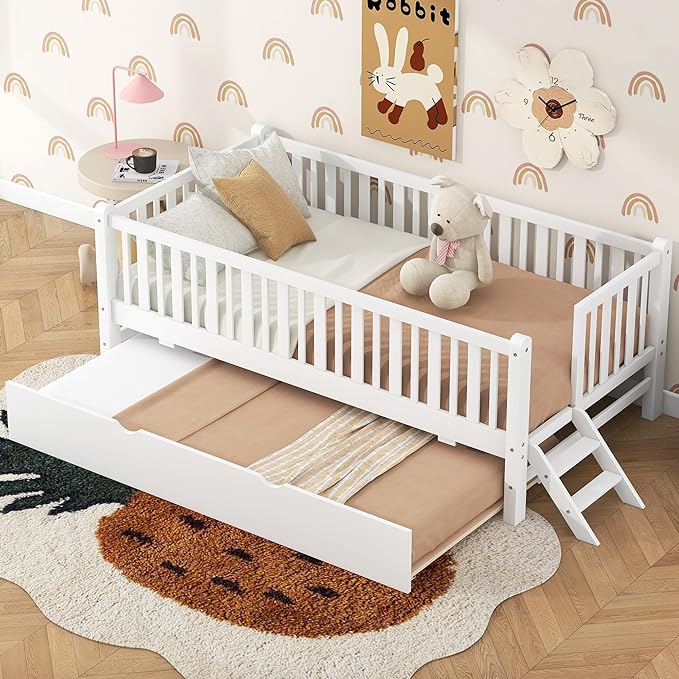 Twin Size Platform Bed with Guardrail and Trundle, Wood Kids Platform Bed Frame with Two-Step Ladder for Boys Girls, Sturdy Slats Support (White-1.26T)