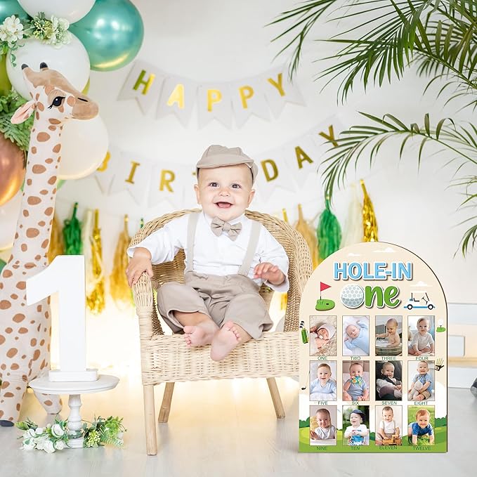 R HORSE My First Year Photo Display Wood Board - Baby’s First Year Picture Frame, 12 Months Milestone Board, 3D Golf Themed Neutral Baby Keepsake Gift One Year Old Birthday Nursery Decor for Girl Boy