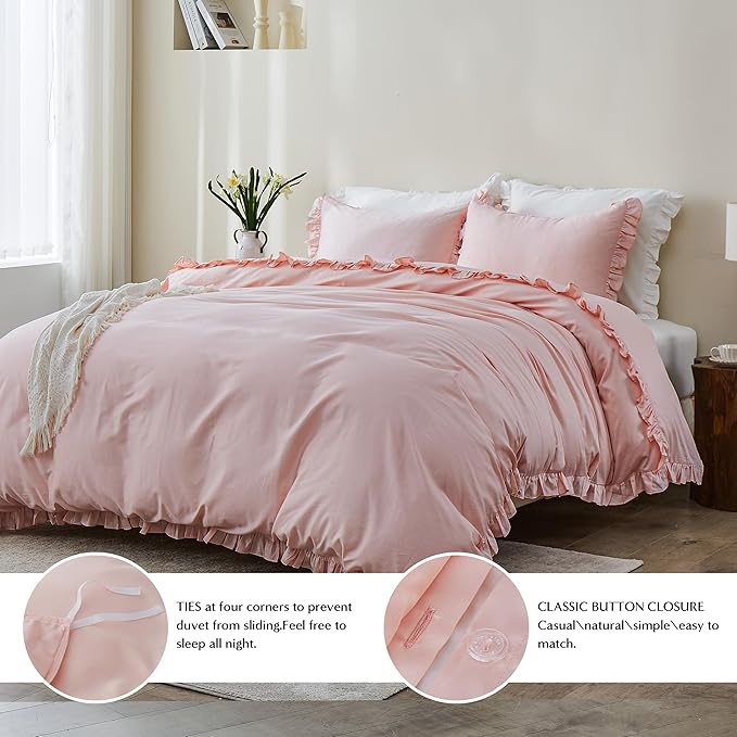 Simple&Opulence Kids 100% Organic Cotton Twin Duvet Cover Ruffle 2Pcs(1 Comforter Cover 1 Pillowcase) Cute Lace Vintage Boho Shabby Chic Farmhouse Bedding Set Teen Girls(Peach Pink,Twin)
