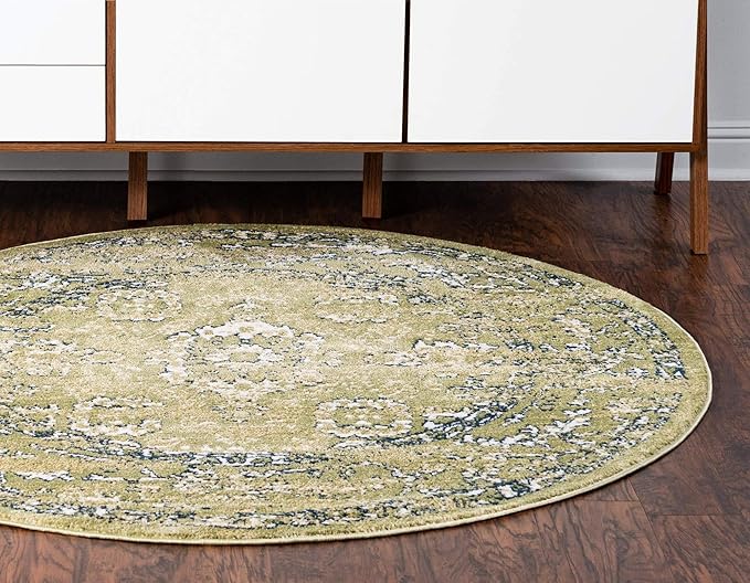 Rugs.com Charleston Collection Rug – 5 Ft Round Green Low-Pile Rug Perfect for Kitchens, Dining Rooms