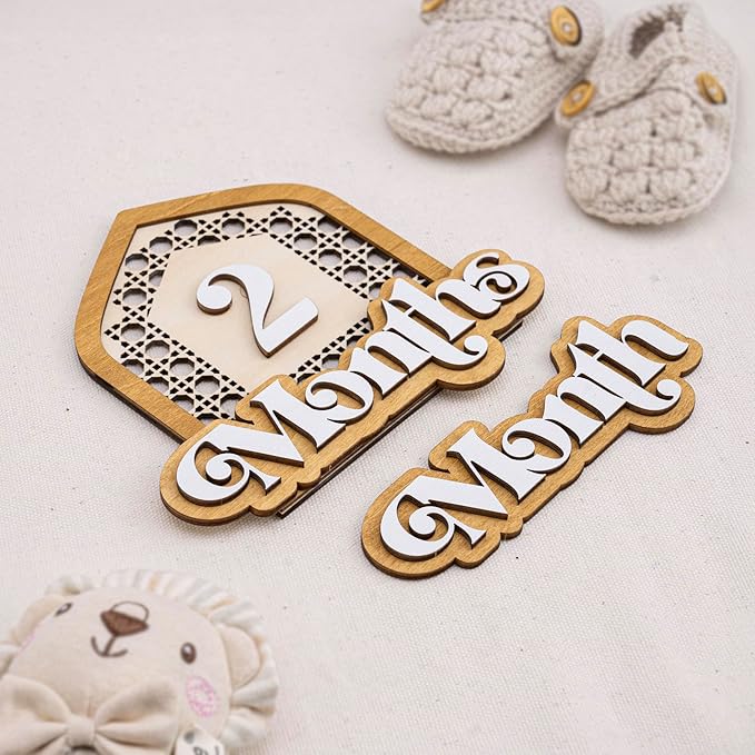 Wooden Baby Monthly Milestone Set with Patterned House Frame, 3D Layered Numbers and Months Sign, Natural Wood Newborn Photo Prop for Baby Monthly Pictures