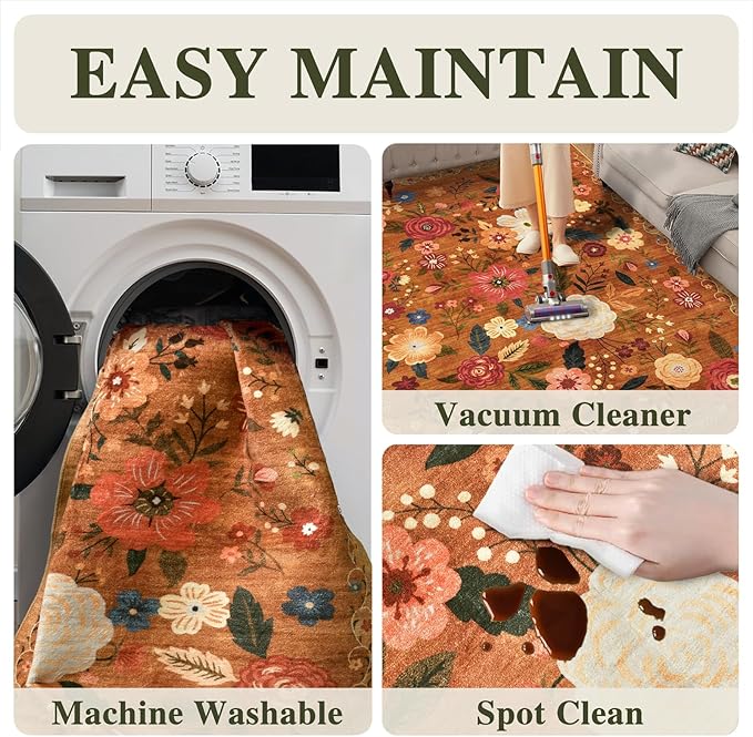 6x9 Washable Area Rug for Living Room, Floral Non-Slip Non-Shedding & Easy Care, Soft Low Pile Vintage Indoor Floor Carpet for Living Room, Bedroom, Farmhouse, Dining Room, Kids Playroom, Orange