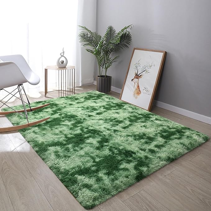 DweIke Fluffy Sage Green Shag Rugs for Bedroom Living Room, 4x6 Feet Soft Plush Tie-Dyed Mint Green Girls Boys Kids Rug, Non-Slip and Machine Washable Carpet for Dorm Nursery Classroom Decor