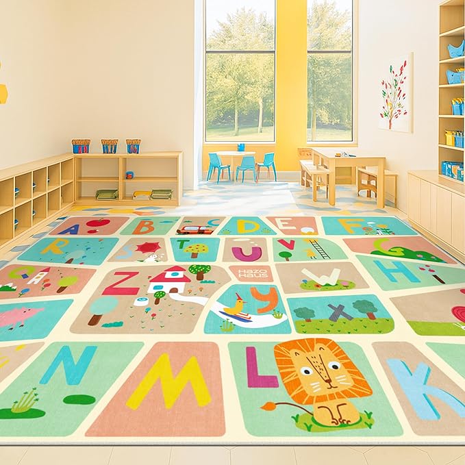Huge ABC Alphabet Classroom Rugs Elementary – 9x12 School Rug for Kids Play, Washable & Wipeable Large Floor Carpet, Soft & Non Skid Design with Educational Letters and Whimsical Cartoon Art Decor
