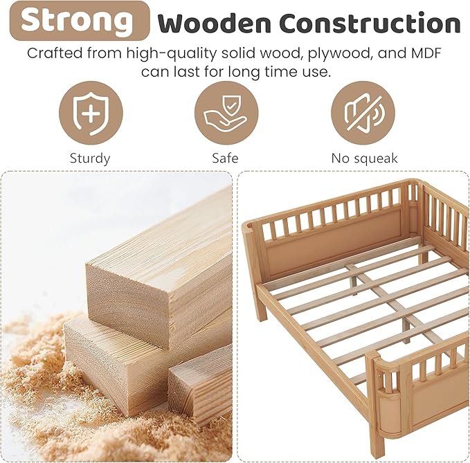 Full Size Kids Bed Frame with Rails, Wood Montessori Bed Full with 2 Storage Drawers &Slats Support, Modern Daybed with Removable Bed Rails for Girls Boys Bedroom Living Room, Natural