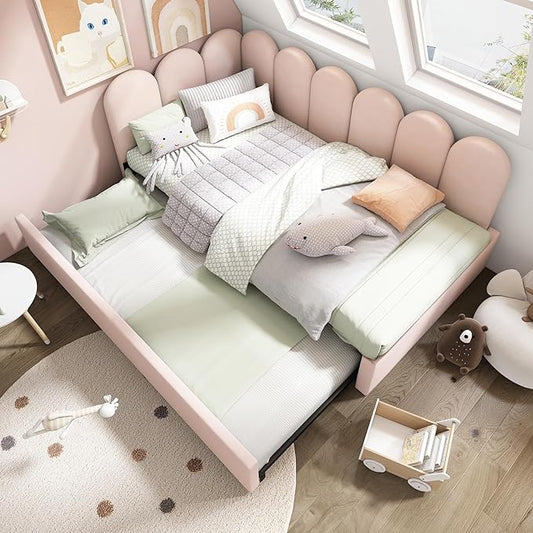 Merax Twin Size Modern Upholstered Platform Bed with Trundle Bed, Floor Sofa Daybed with Metal Slat Support, Low Bed Frame with Headboard/Twin, Pink