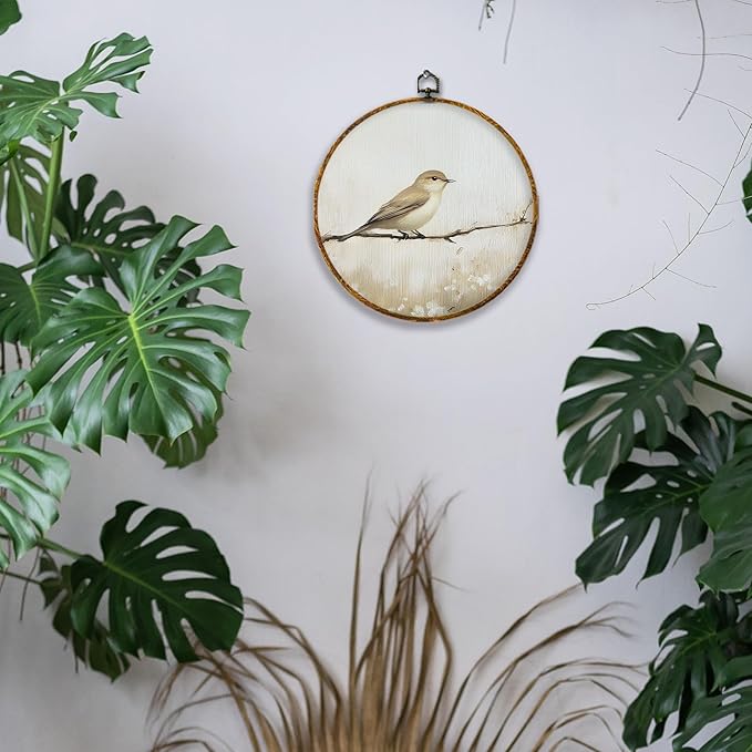 Hiuwevt Neutral Bird Round Wall Art Decor, Minimalist Cottagecore Bird Beige Hanging Canvas Prints Artwork Framed, Rustic Nature Circular Wall Decor for Home Bedroom Living Room, 10x10 Inch