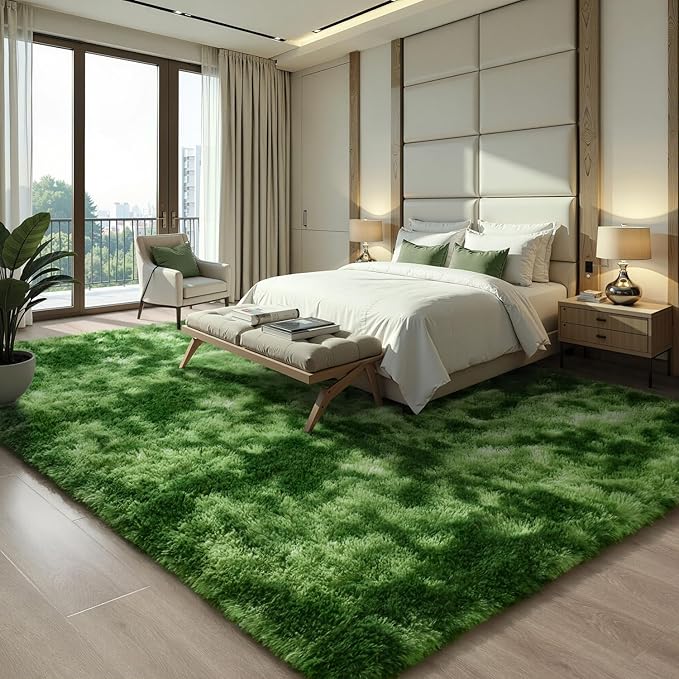 EVOIONOS Ultra Soft Area Rug Bedroom, 4x6 Machine Washable Fluffy Shag Rug Living Room, Plush Non Slip Carpet Indoor Floor Bedside Nursery Kids Girls Room Dorm, Home Decor Aesthetic, Tie-Dyed Green