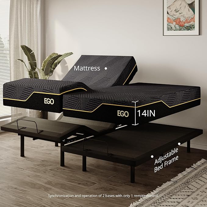 EGOHOME Split King Adjustable Bed Frame and 14" Memory Foam Mattress, Independent Head and Foot Incline Electric Bed with Massage, Wireless Remote, Zero Gravity, LED Lights, USB Ports, Adjustable Legs