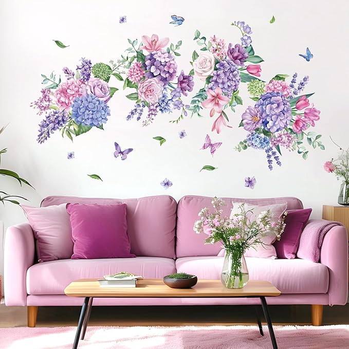 Flowers Bouquet Wall Decals Pink and Purple Floral Butterflies Wall Stickers, Bedroom Living Room Dining Room Sofa Background Peel and Stick Wall Decor