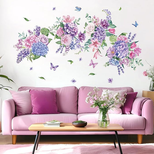 Flowers Bouquet Wall Decals Pink and Purple Floral Butterflies Wall Stickers, Bedroom Living Room Dining Room Sofa Background Peel and Stick Wall Decor