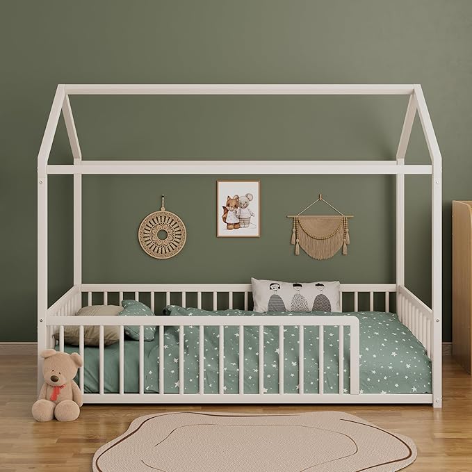 Montessori Style Metal Floor Bed Frame, House Shaped Bed with Fence for Kids and Toddlers, Easy Assemble, No Slats, Twin Size, White