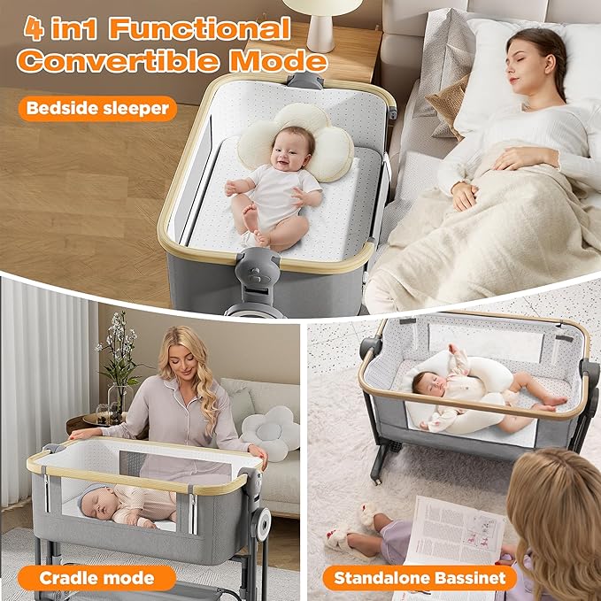4 in 1Baby Bassinet,Bedside Bassinet for Baby, Rocking Bassinet with Comfy Mattress and Wheels, 7 Height Adjustable Easy Folding Portable Bedside Crib for Newborn