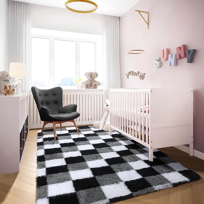 KICMOR Area Rugs for Bedroom Living Room, 4x6 Fluffy Soft Black White Grey Checkered Rug Fuzzy Shag Shaggy Floor Carpet, Indoor Plush Furry Rugs for Kids Boys Girls Room Nursery Playroom Home Decor