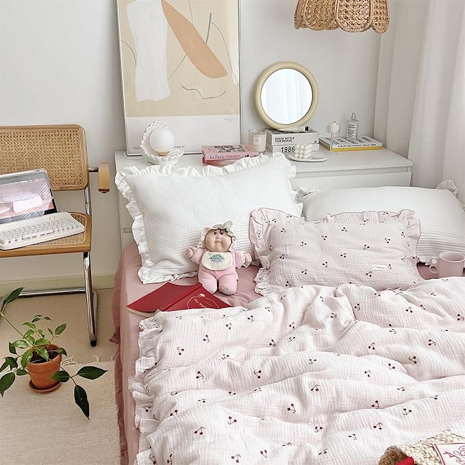 AOJIM Muslin Kids Duvet Cover for Boys Girls, 1 Piece Pure Cotton Toddler Cherry Comforter Cover 47X59'', 2-Layer Gauze Kids Bedding with Ruffled Design, No Quilt or Pillowcases
