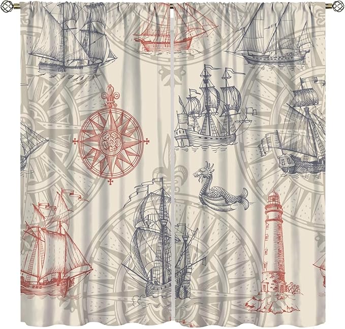 Nautical Curtain Set, Yellow Polyester, 2 Panels, 42x63 Inches, Contemporary Ocean Theme, Bathroom, Window Treatment Panels
