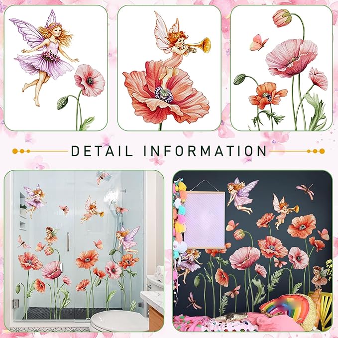 Removable Large Pink Red Poppy Flowers Wall Stickers with Fairy Angels - DIY Floral Butterfly Wall Decals, Peel and Stick Princess Decor for Girls Bedroom, Nursery, Living Room Home BM4130