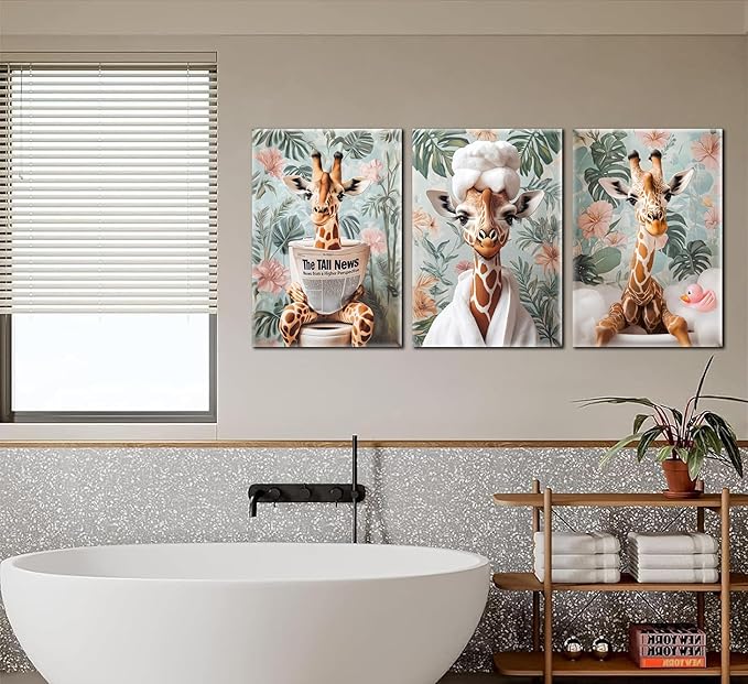 3Pcs Funny Animal Bathroom Canvas Wall Art Giraffe Reading Newspaper on Toilet Painting Picture Wall Decor Eclectic Jungle Giraffe Bathrobe Bathtub Poster Print for Toilet Bathroom Home Decoration