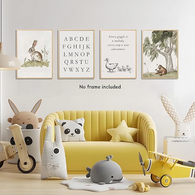 Nursery Gallery Wall Art Animal Canvas Prints Vintage Rustic Poster Set for Kids’ Room Decor Alphabet Inspirational Quotes Wall Art Neutral Baby Room Painting Unframed16x24 Inches