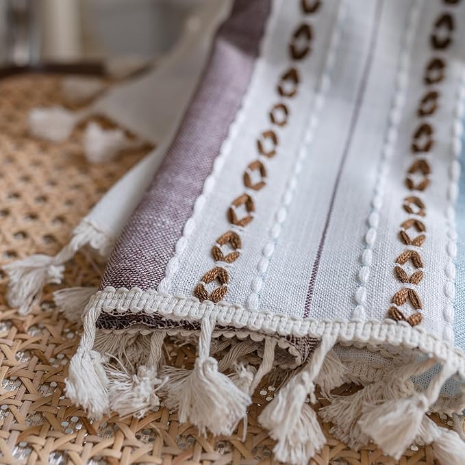Deeprove Boho Linen Curtains 63 inch for Bedroom Living Room, Semi Blackout Cottage Farmhouse Tassels Window Treatment Bohemian Embroidery Drape Rod Pocket 1 Panel 52" W x 63" L, Blue and Brown