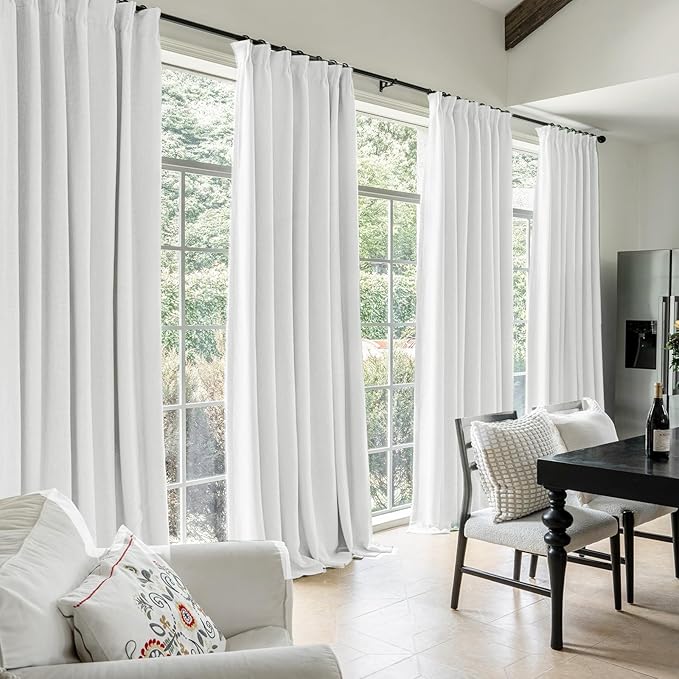 IVAPUPU Linen Pinch Pleated Full Blackout Curtains for Bedroom - 2 Pages Black Out White Curtains 108 Inch Long 2 Panel for Living Room Darkening Thermal Window Curtain Drapes with 16pc Hooks