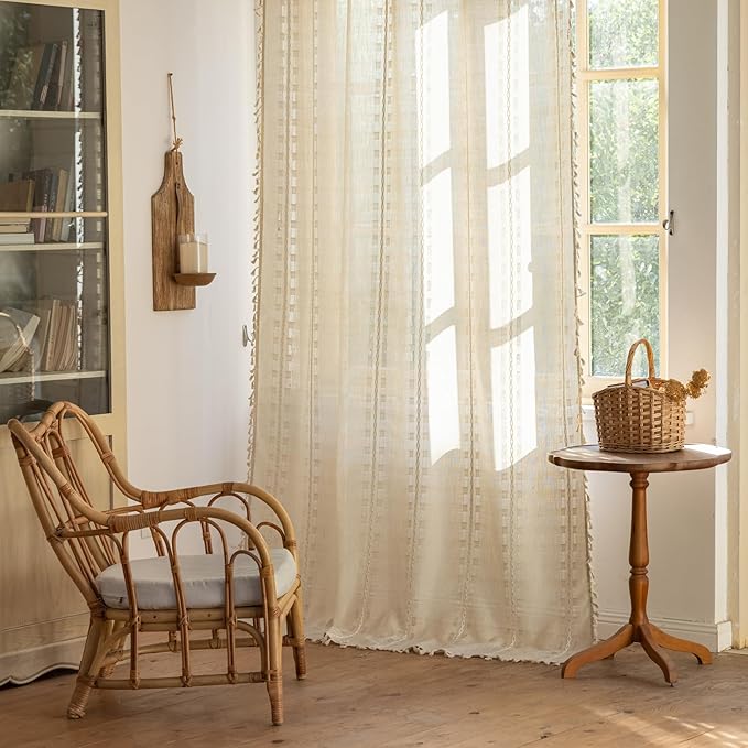 Deeprove Ivory Boho Curtain 63 inches Length for Living Room Bedroom Home Office, Retro Casual Bohemian Sheer 63 inches Long Stripe Embroidery Privacy Window Tassel Decor W52 x L63, 1 Panel