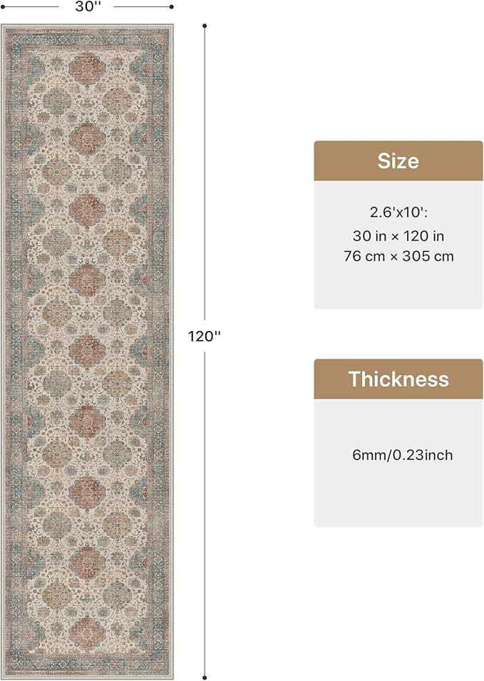 GENIMO Vintage Runner Rug 2'6''x10, Boho Hallway Rug with Non-Slip Backing, Machine Washable Low Pile Carpet for Entryway, Kitchen, Bedroom, Teal&Red