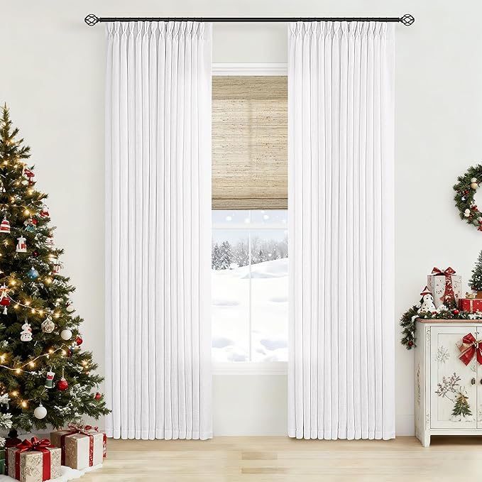 White Linen Curtains 80 Inches Long for Living Room Pinch Pleat Hooks for Living Room Back Tab Thick Linen Textured Pleated Drape Light Filtering Snow White Bedroom Window Curtain 80 Inch Length