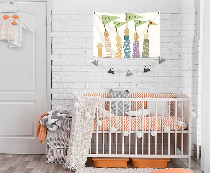 Classroom Boho Rectangular Banner Flag Wall Art Decor Gift for Baby Boy Girl Kids,Classroom Homeschool Nursery Home Playroom Decor-All Are Welcome Here-Baby,Shower Birthday Christmas Gift