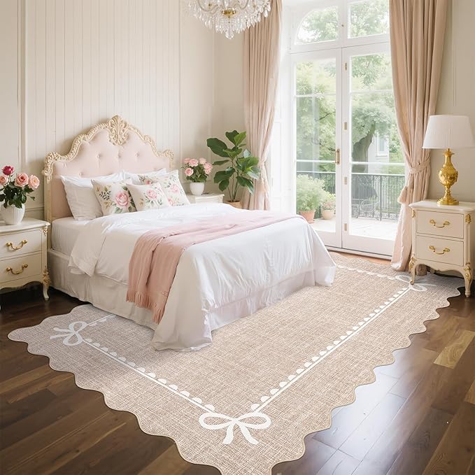 GarveeHome Scalloped Bow Rug for Living Room, Solid Camel Rug for Dorm, Washable Rugs 8x10 Soft Low Pile Non Slip Scalloped Rugs for Nursery College Bedroom Decor Kids Room Playroom