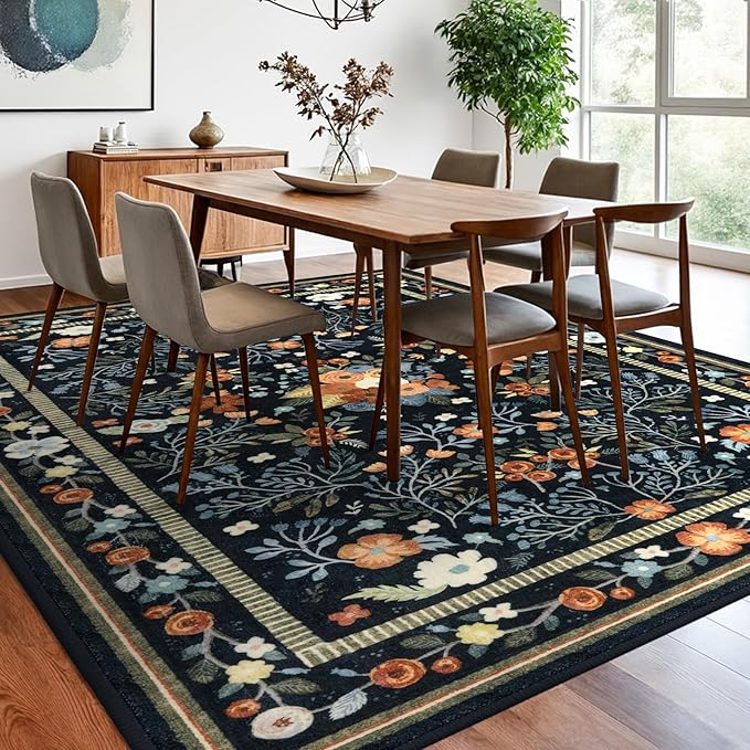Area Rugs for Living Room 8x10, Washable Non-Slip Thin Floral Vintage Boho Rug for Bedroom Dining Room Office, Non-Slip Rug for Kitchen Indoor Lightweight Carpet, Black/Multi
