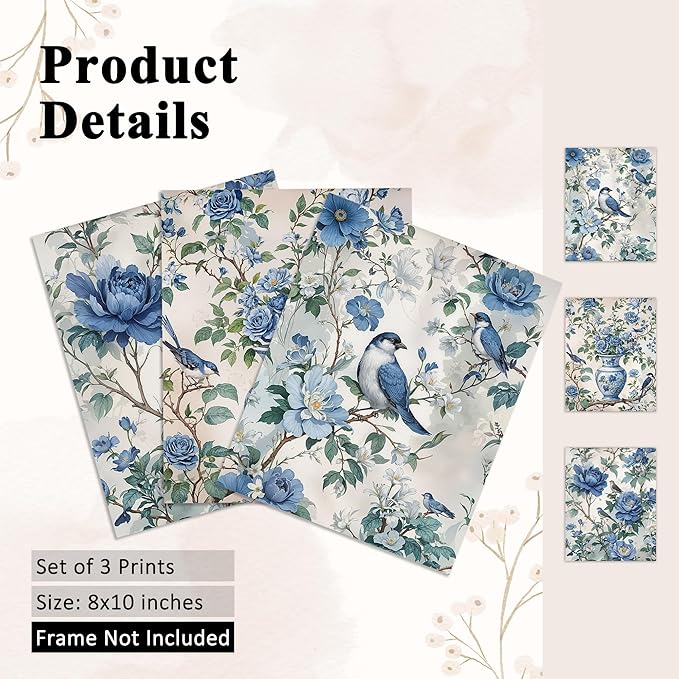 OFJE Vintage Chinoiserie Floral Bird Wall Art Decor Prints Set of 3, Retro Blue and White Grandmillenial Flower Birding Wall Art Posters Decor for Home Bedroom Living Room, 8x10 Unframed