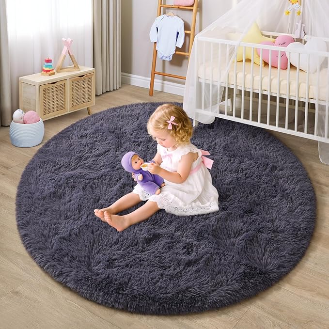 EVOIONOS Grey Purple Round Rug for Bedroom, 5x5 Ft Fluffy Soft Circle Area Rugs for Living Room, Plush Shaggy Circular Carpet Indoor Floor Bedside Kids Nursery, Machine-Washable Home Decor Aesthetic