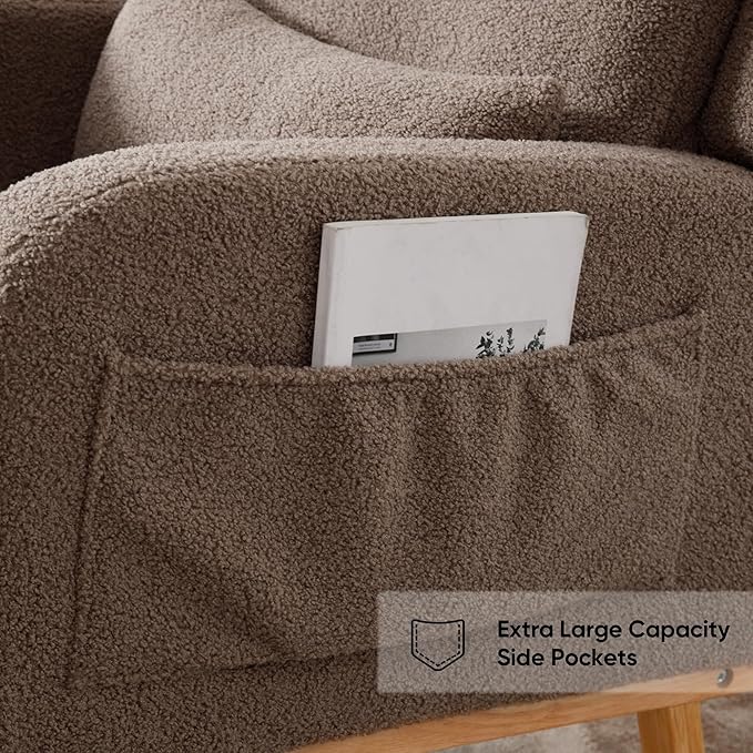 Rocking Chair Nursery,Sherpa Nursing Rocking Chairs, Upholstered Nursery Glider Rocker Wingback Morden Rocking Chair with Lumbar Pillow for Mom Nursery, Living Room, Bedroom, Teddy Coffee