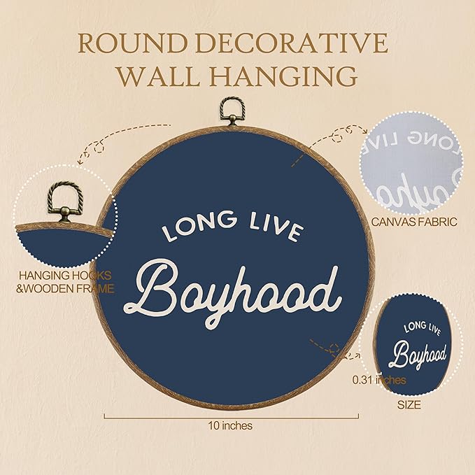 BitKAM Boy Nursery Round Wall Art Decor, Long Live Boyhood Canvas Prints Framed, Retro Navy Blue Wall Hanging Decorations for Kids Boys Nursery Bedroom Playroom, 10x10 Inch Wall Sculptures