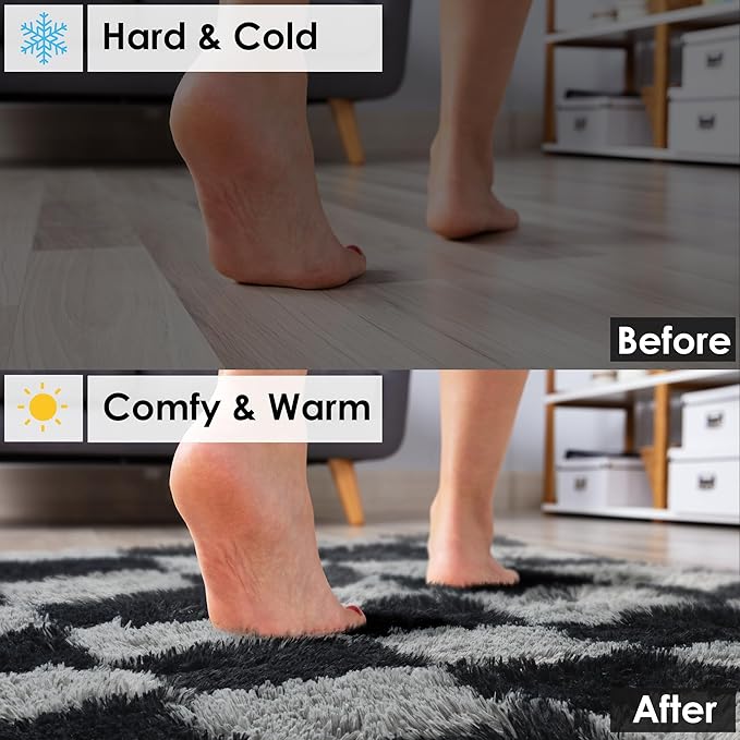 KICMOR 8x10 Area Rugs for Living Room, Large Fluffy Soft Black and Grey Checkered Shag Shaggy Bedroom Carpet, Big Fuzzy Plush Floor Rug for Kids Boys Girls Room Dorm Nursery Home Decor Aesthetic