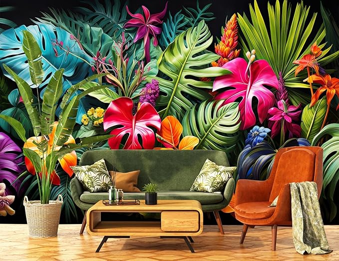 Tropical Jungle Wallpaper Peel and Stick Colorful Botanical Leaf Self Adhesive Wall Mural for Living Room Bedroom 82"x57"