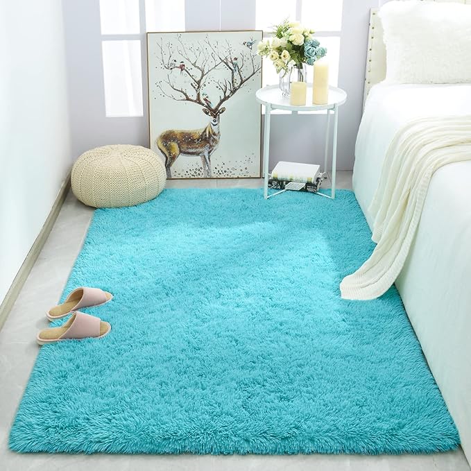 Merelax Modern Soft Fluffy Large Shaggy Rug for Bedroom Livingroom Dorm Kids Room Indoor Home Decorative, Non-Slip Plush Furry Fur Area Rugs Comfy Nursery Accent Floor Carpet 4'x6' Teal