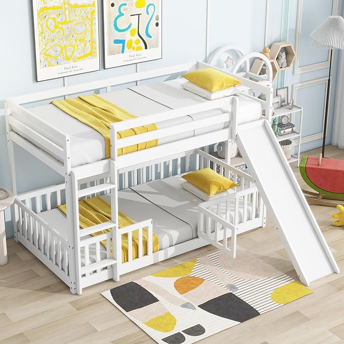 Twin Over Twin Bunk Bed with Slide and Ladder, Wood Floor Bunk Bed Frame with Door and Safety Guardrails for Kids Teens Boys Girls, No Box Spring Needed